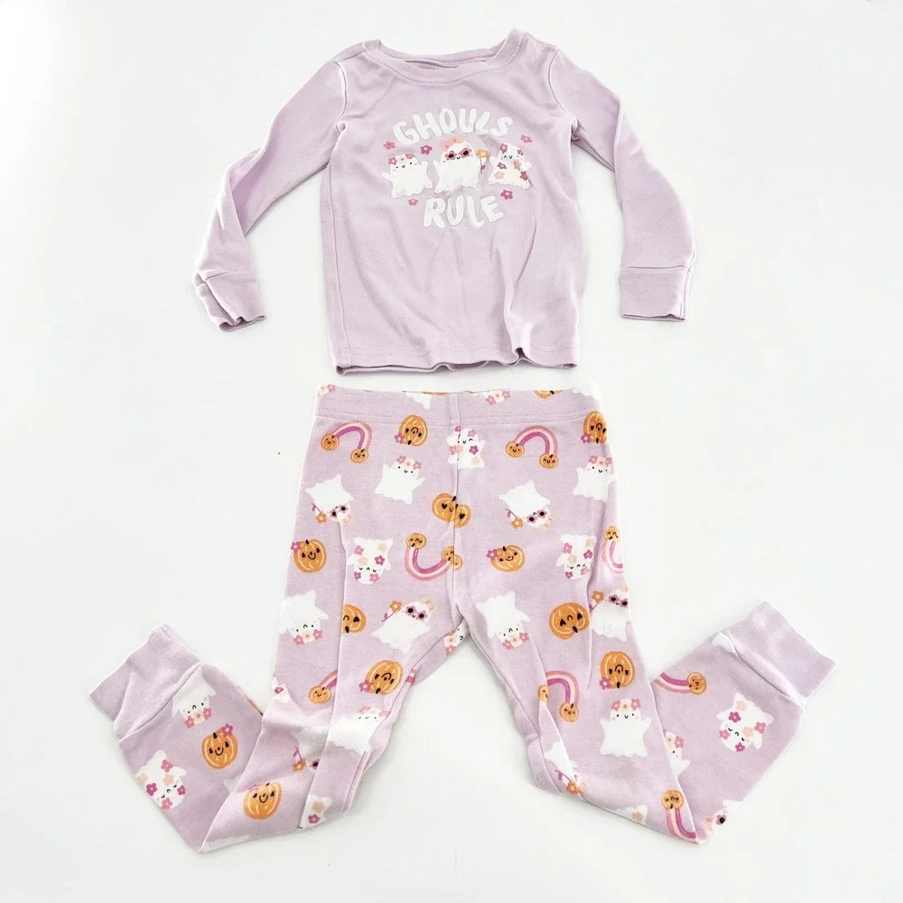 Old Navy Kids 3T Lavender Ghouls Rule Halloween Ghost Pumpkin Pajama Set Purple